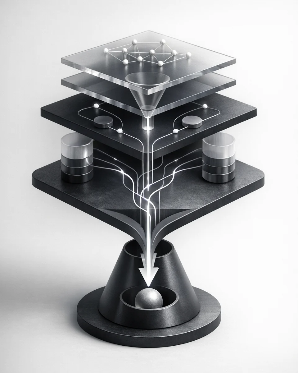 Layered abstract AI automation system with routed signals converging toward a measurable outcome