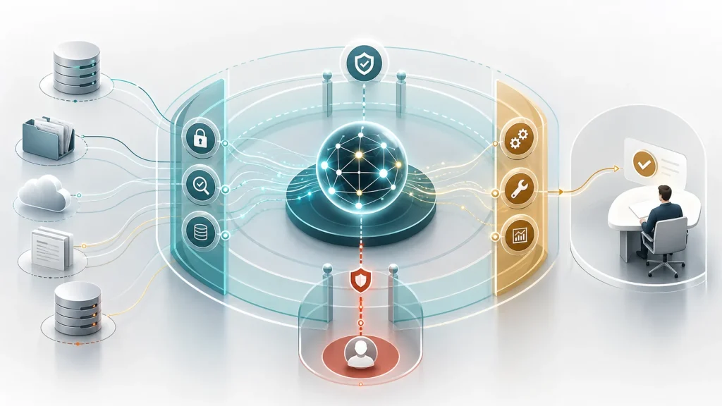 AI agent workflow with data boundaries, permission gates, retrieval scope zones, failure paths, and human review.