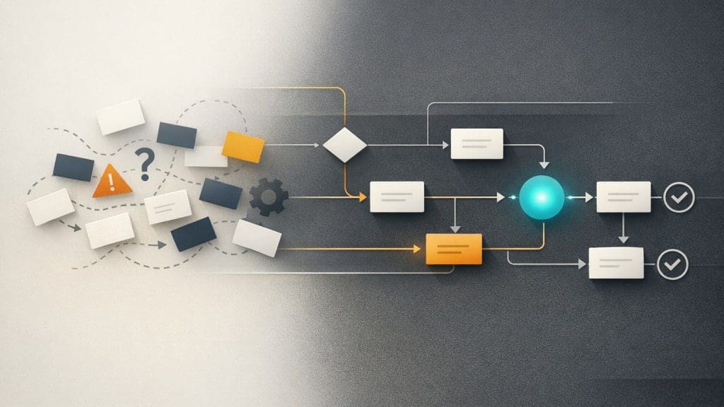 Abstract workflow showing a business problem being mapped into a structured AI automation process.