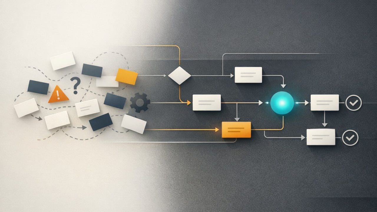 Abstract workflow showing a business problem being mapped into a structured AI automation process.