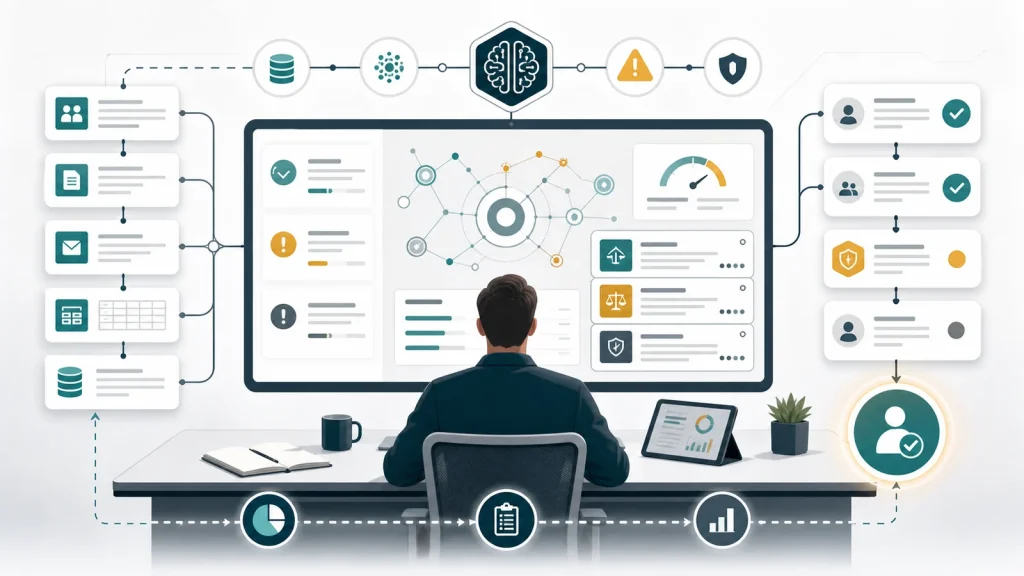 AI decision support workspace showing source context, risk signals, confidence, approval paths, and human review.