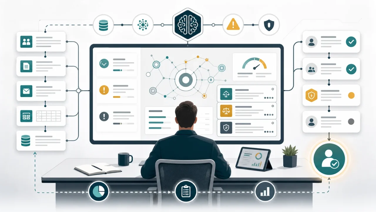 AI decision support workspace showing source context, risk signals, confidence, approval paths, and human review.