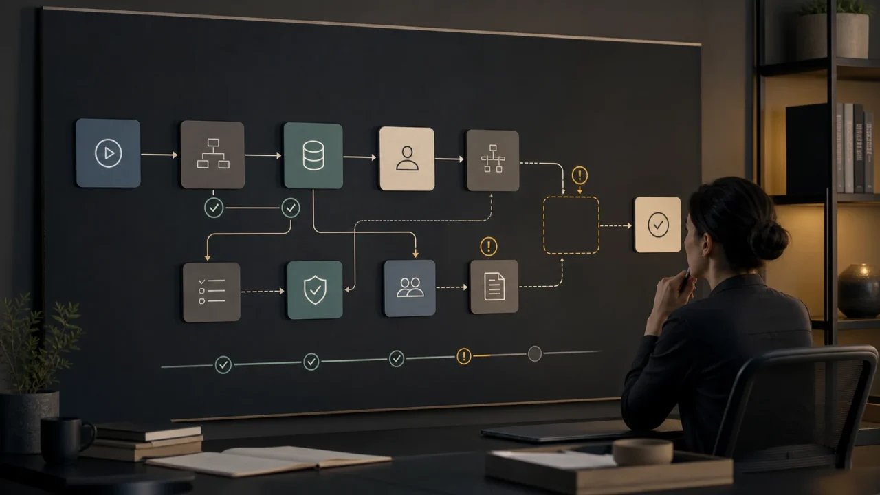 AI readiness checklist workflow map showing process clarity, data quality, ownership, approval paths, exceptions, boundaries, and review checkpoints.