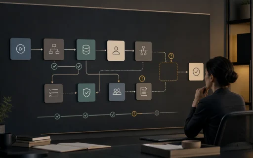AI readiness checklist workflow map showing process clarity, data quality, ownership, approval paths, exceptions, boundaries, and review checkpoints.