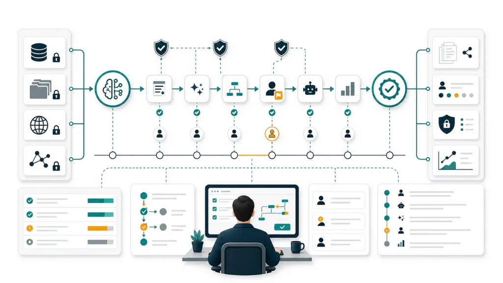 AI workflow audit trails showing sources, approvals, exceptions, permissions, human review, and traceable automation outcomes.