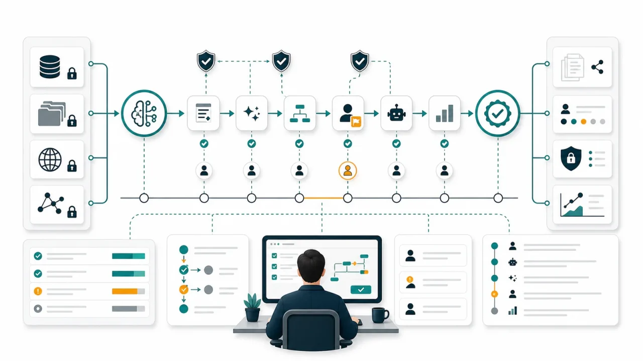 AI workflow audit trails showing sources, approvals, exceptions, permissions, human review, and traceable automation outcomes.