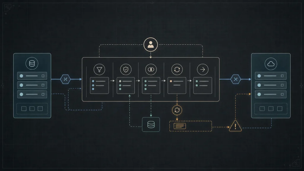 API integration for business shown as a technical blueprint with systems, ownership gates, retries, and error paths