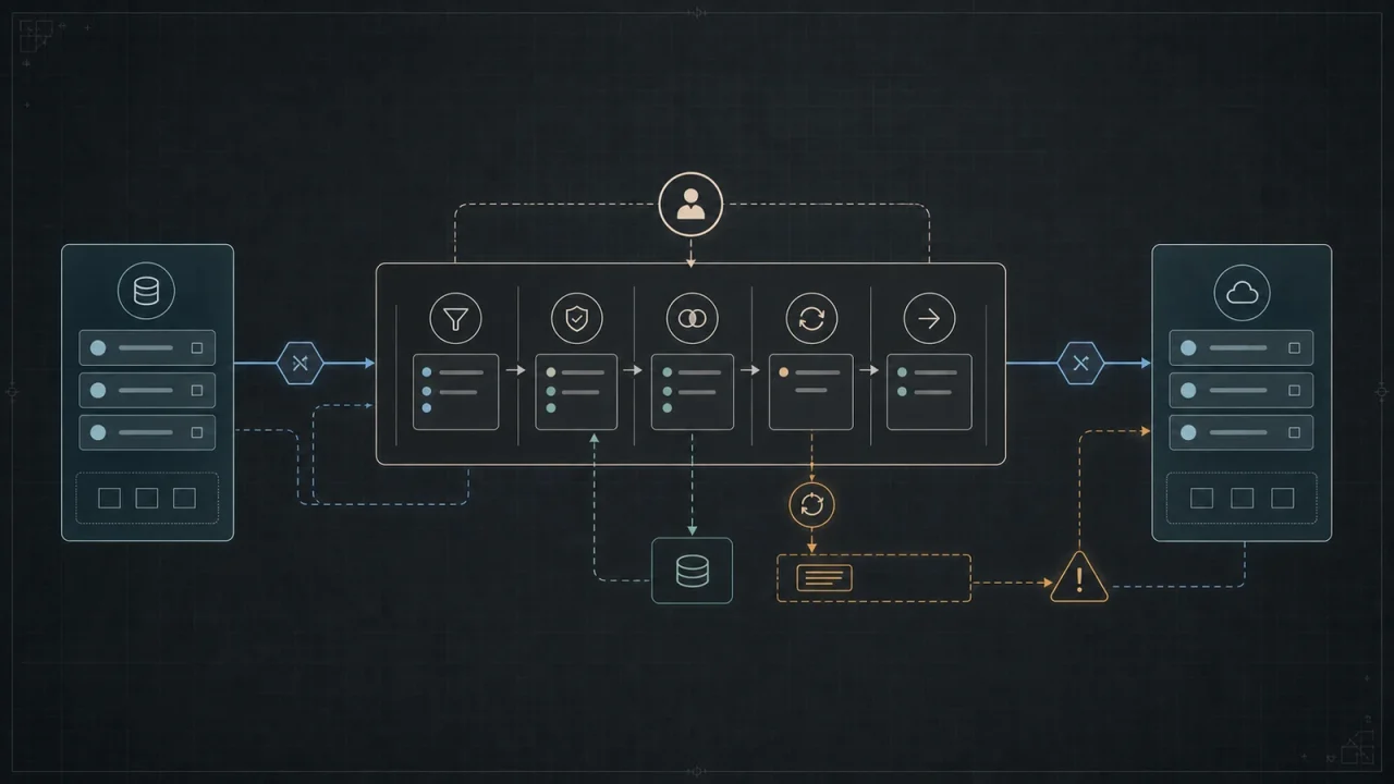 API integration for business shown as a technical blueprint with systems, ownership gates, retries, and error paths