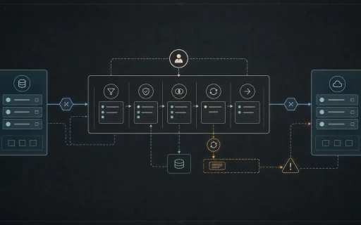 API integration for business shown as a technical blueprint with systems, ownership gates, retries, and error paths