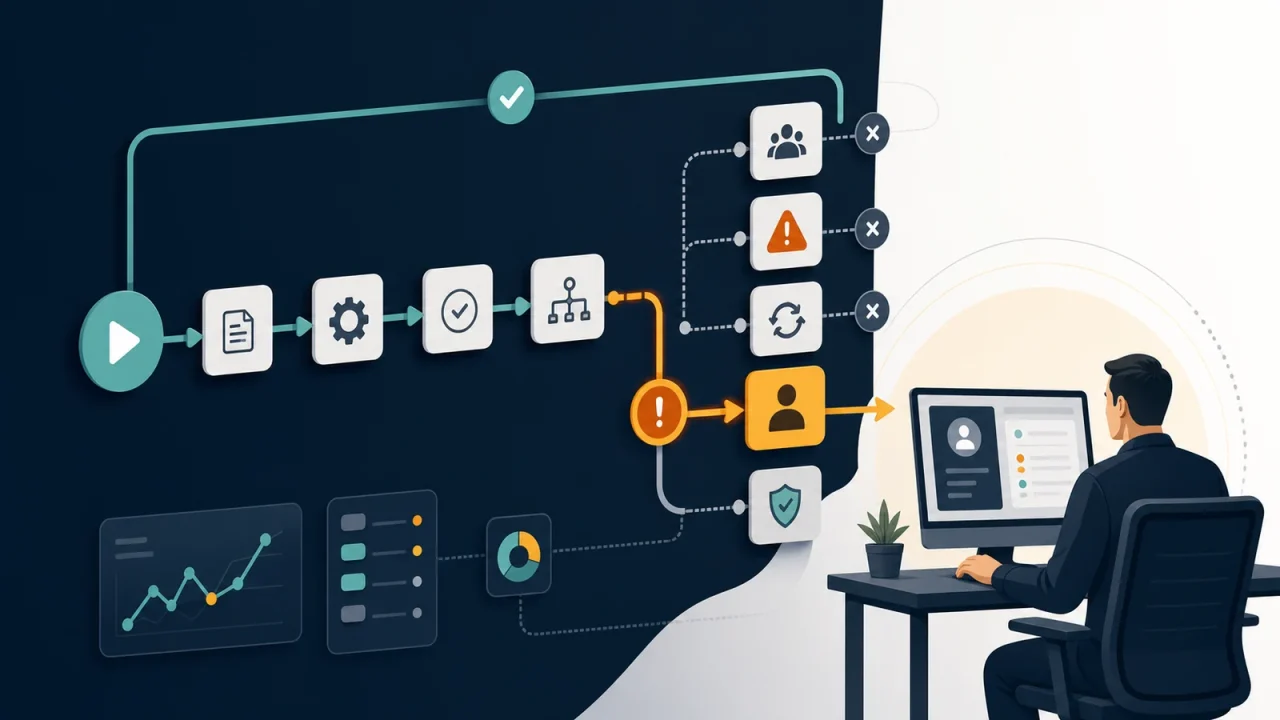 Automation exception handling workflow with escalation paths, fallback routes, review loops, and a human owner checkpoint.