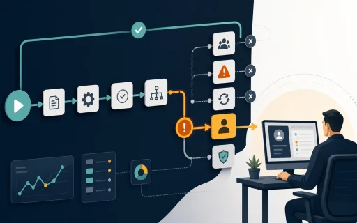 Automation exception handling workflow with escalation paths, fallback routes, review loops, and a human owner checkpoint.