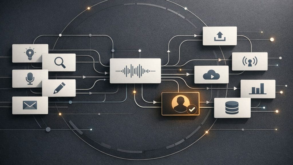 Abstract BitTalk operating framework showing AI-assisted planning, research, content production, publishing, promotion, monitoring, and human approval.