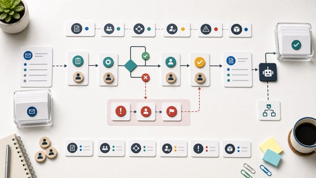 A business process documentation map showing workflow lanes, decisions, approvals, exceptions, owners, outputs, and automation readiness.
