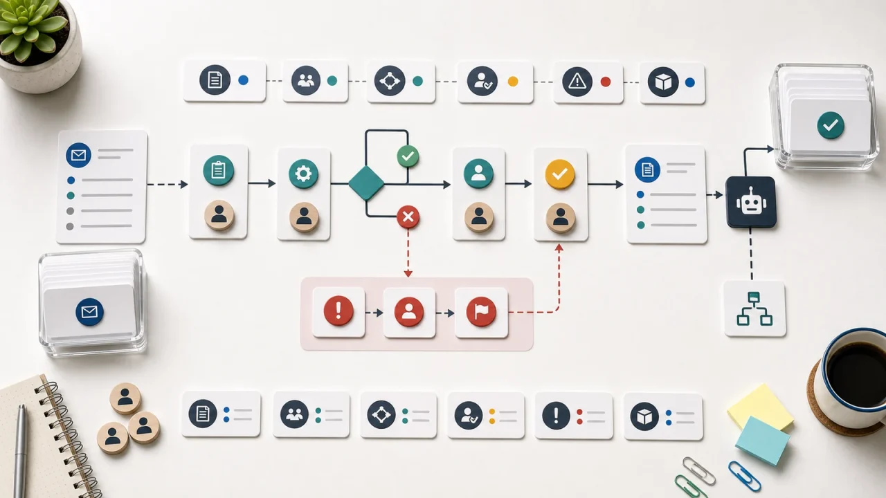 A business process documentation map showing workflow lanes, decisions, approvals, exceptions, owners, outputs, and automation readiness.