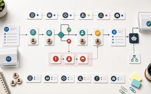 A business process documentation map showing workflow lanes, decisions, approvals, exceptions, owners, outputs, and automation readiness.
