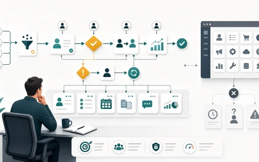 Business workflow software map showing intake, handoffs, approvals, reporting, exceptions, and a generic vendor demo panel.