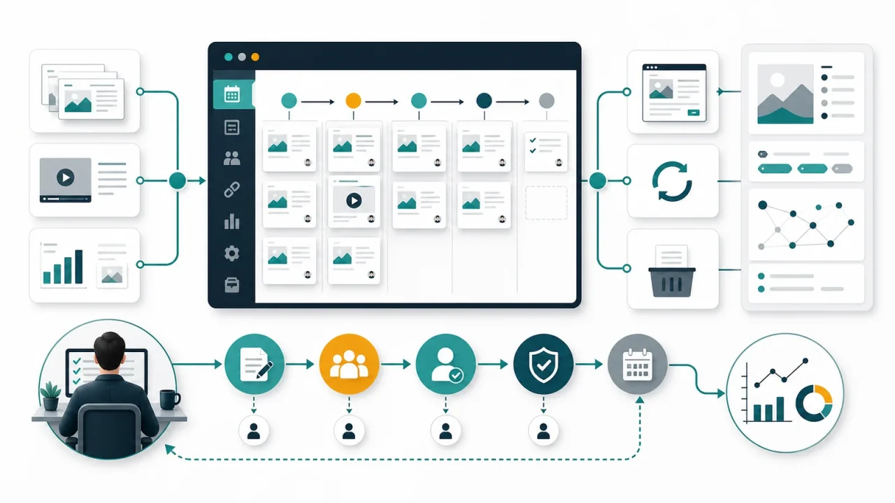 Content operations publishing system with calendar, review checkpoints, ownership handoffs, update cycle, archive path, metadata, internal links, and analytics feedback.