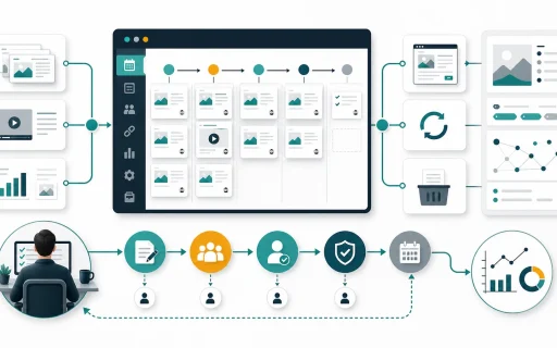 Content operations publishing system with calendar, review checkpoints, ownership handoffs, update cycle, archive path, metadata, internal links, and analytics feedback.