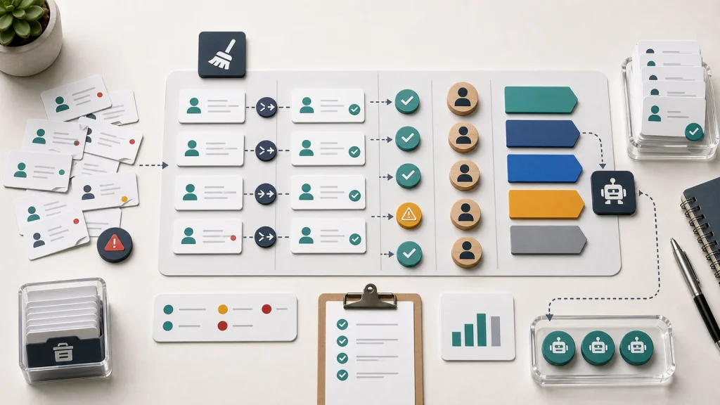CRM records moving through duplicate cleanup, data quality checks, ownership, pipeline stages, and automation readiness.