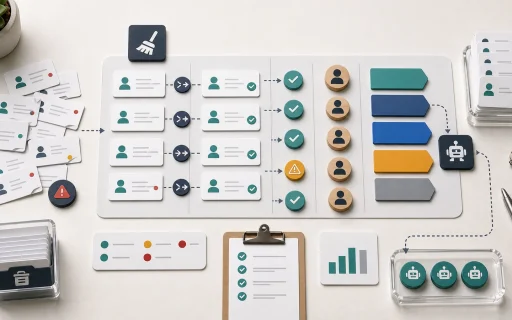 CRM records moving through duplicate cleanup, data quality checks, ownership, pipeline stages, and automation readiness.