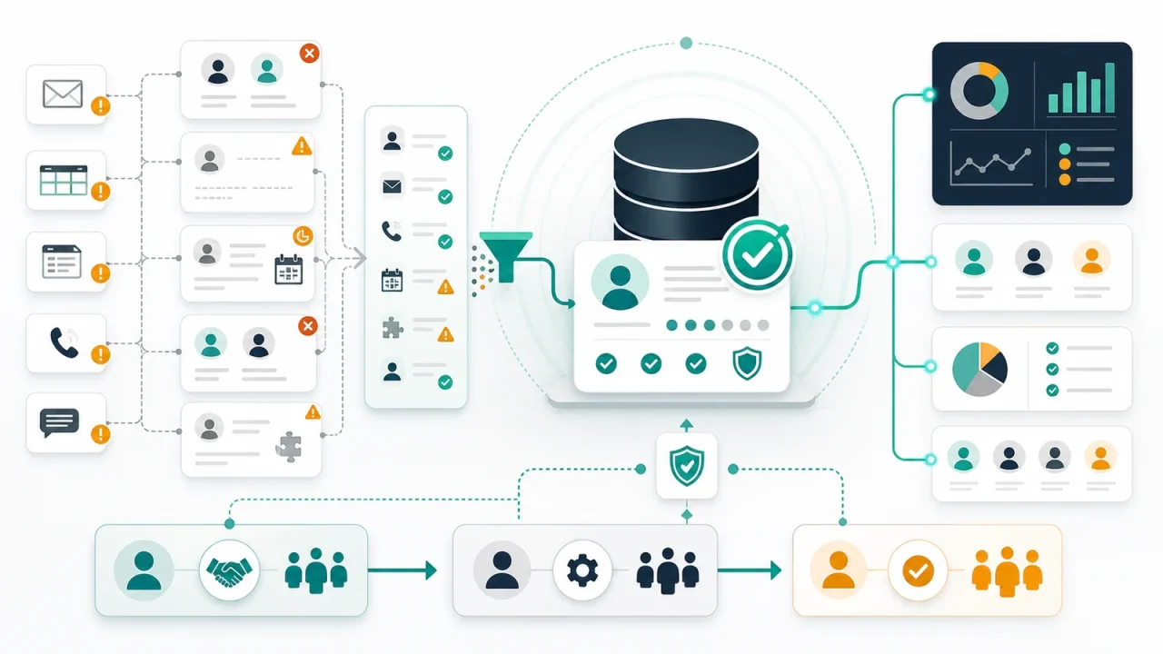 CRM data quality workflow showing duplicate records, missing fields, handoff paths, reporting, and verified customer records.