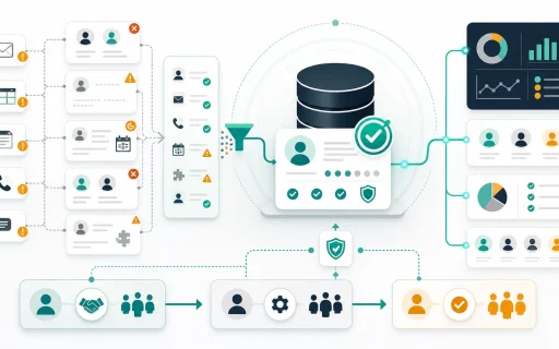 CRM data quality workflow showing duplicate records, missing fields, handoff paths, reporting, and verified customer records.