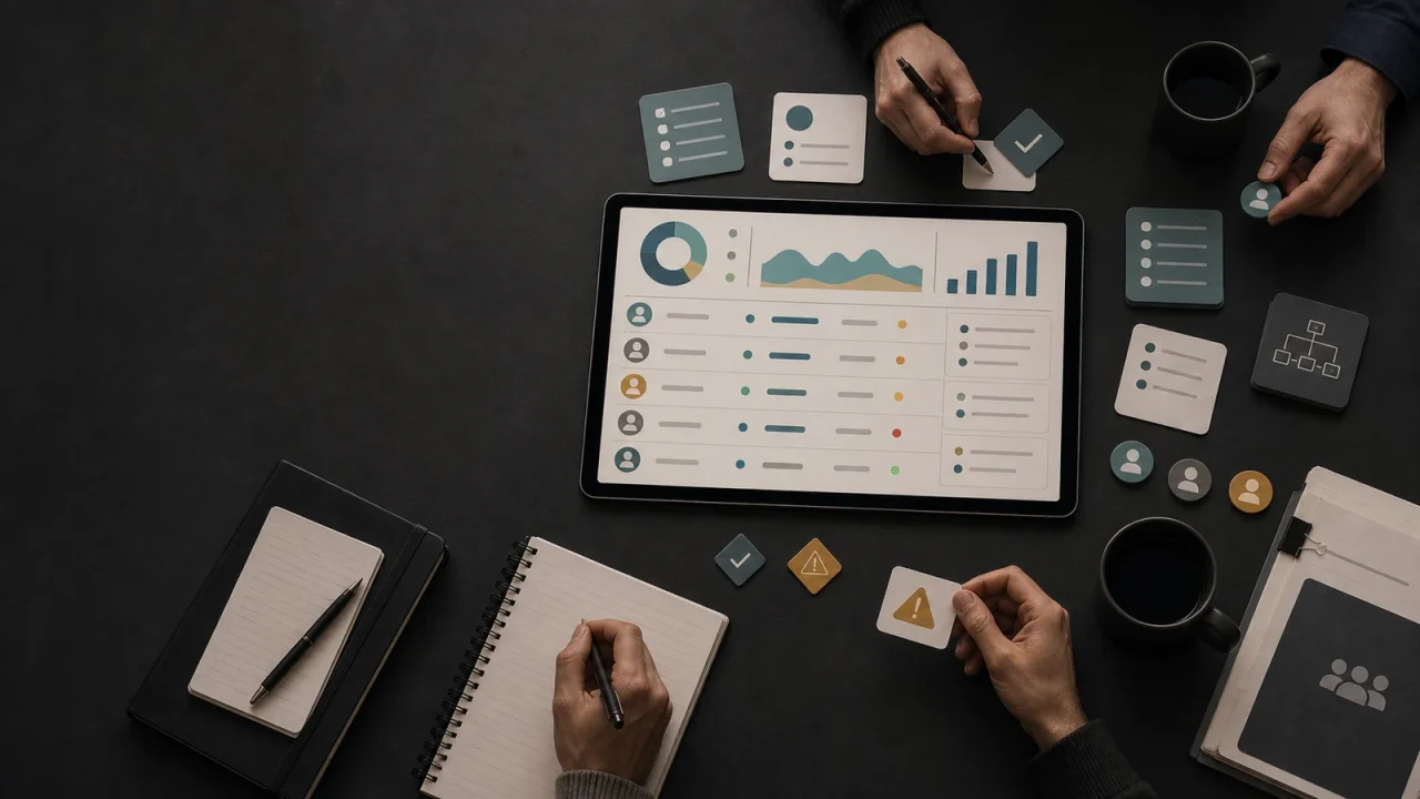 Custom dashboard for business shown on a meeting table with decision cards, risk markers, and owner tokens