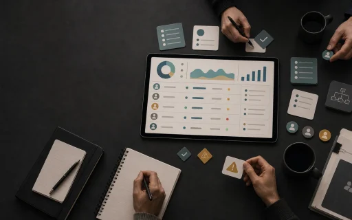 Custom dashboard for business shown on a meeting table with decision cards, risk markers, and owner tokens