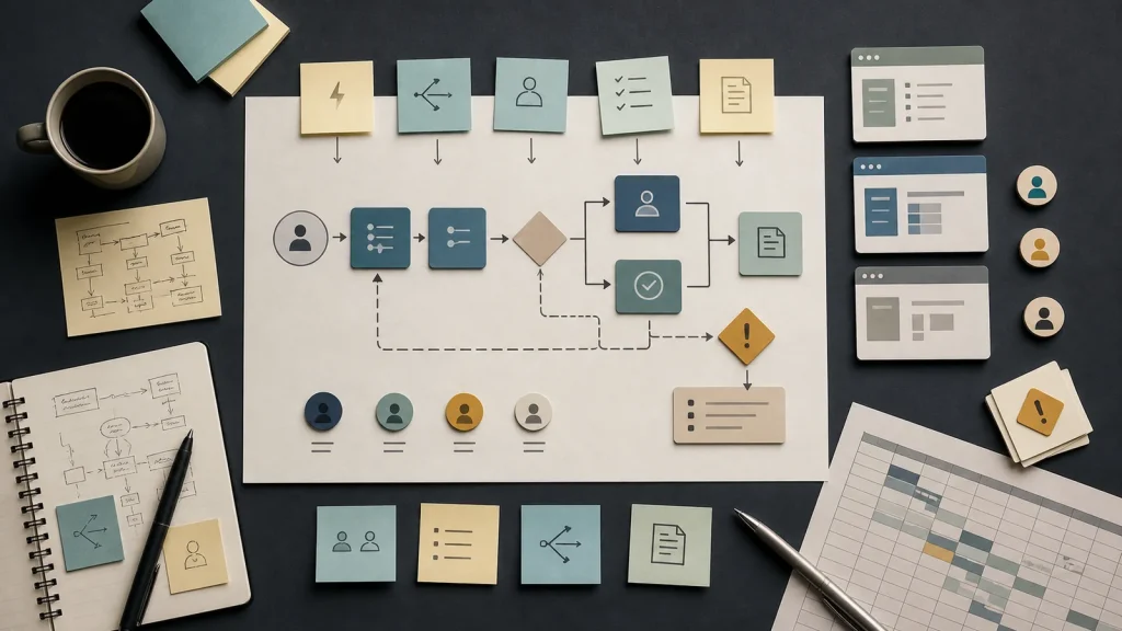 Custom business software requirements map built from workflow notes, owner tokens, and exception paths.