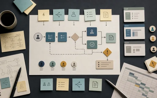 Custom business software requirements map built from workflow notes, owner tokens, and exception paths.