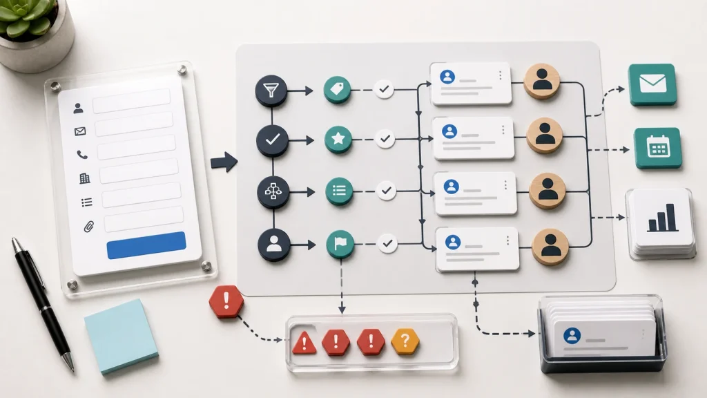 A customer intake form flowing into routing, qualification, ownership, CRM, and follow-up workflow steps.