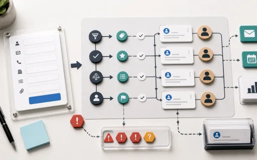 A customer intake form flowing into routing, qualification, ownership, CRM, and follow-up workflow steps.