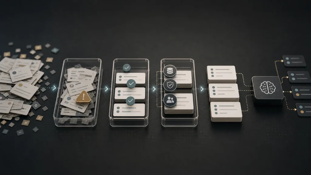 Data quality before AI shown as messy record cards passing through validation trays into clean workflow inputs