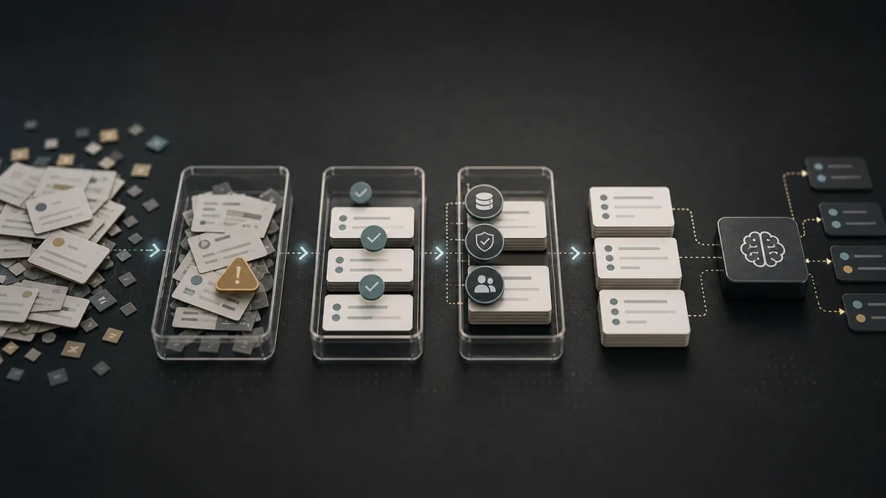 Data quality before AI shown as messy record cards passing through validation trays into clean workflow inputs