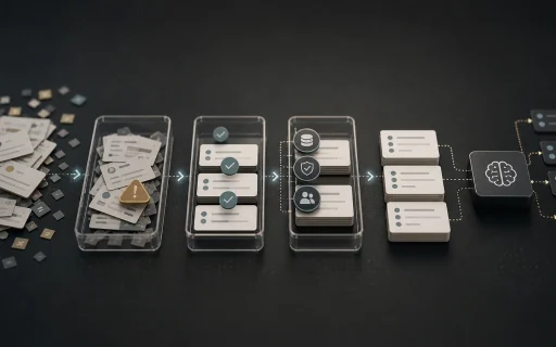 Data quality before AI shown as messy record cards passing through validation trays into clean workflow inputs