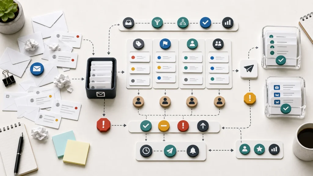 Scattered email messages moving into an owned workflow queue with routing, priority, owners, escalation, response timing, and resolved trays.