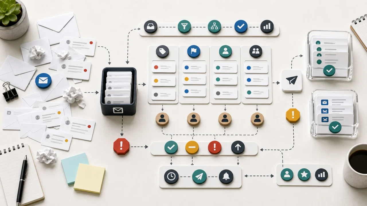 Scattered email messages moving into an owned workflow queue with routing, priority, owners, escalation, response timing, and resolved trays.