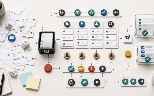 Scattered email messages moving into an owned workflow queue with routing, priority, owners, escalation, response timing, and resolved trays.