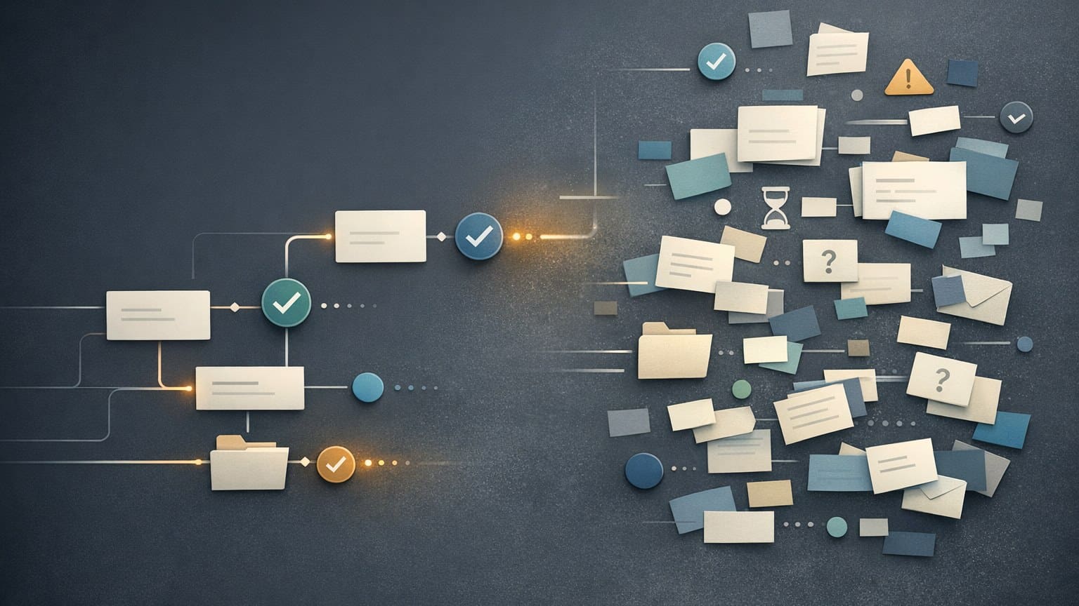 Abstract workflow showing scattered manual handoffs becoming a structured connected process.