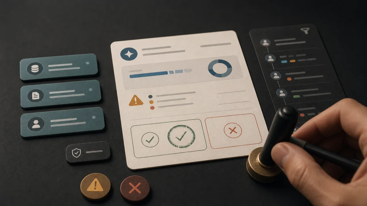 Human-in-the-loop AI approval surface with source chips, risk indicators, approval choices, and audit trail markers