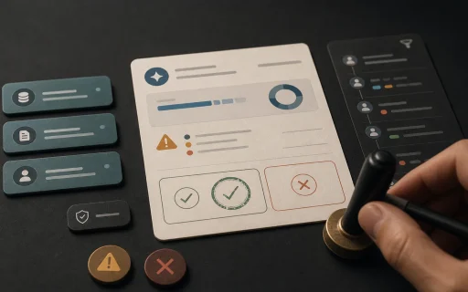 Human-in-the-loop AI approval surface with source chips, risk indicators, approval choices, and audit trail markers
