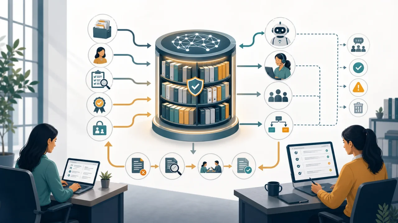 Knowledge base governance system showing article ownership, source quality checks, review loops, permissions, AI retrieval boundaries, and support feedback.