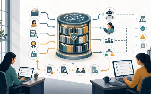 Knowledge base governance system showing article ownership, source quality checks, review loops, permissions, AI retrieval boundaries, and support feedback.
