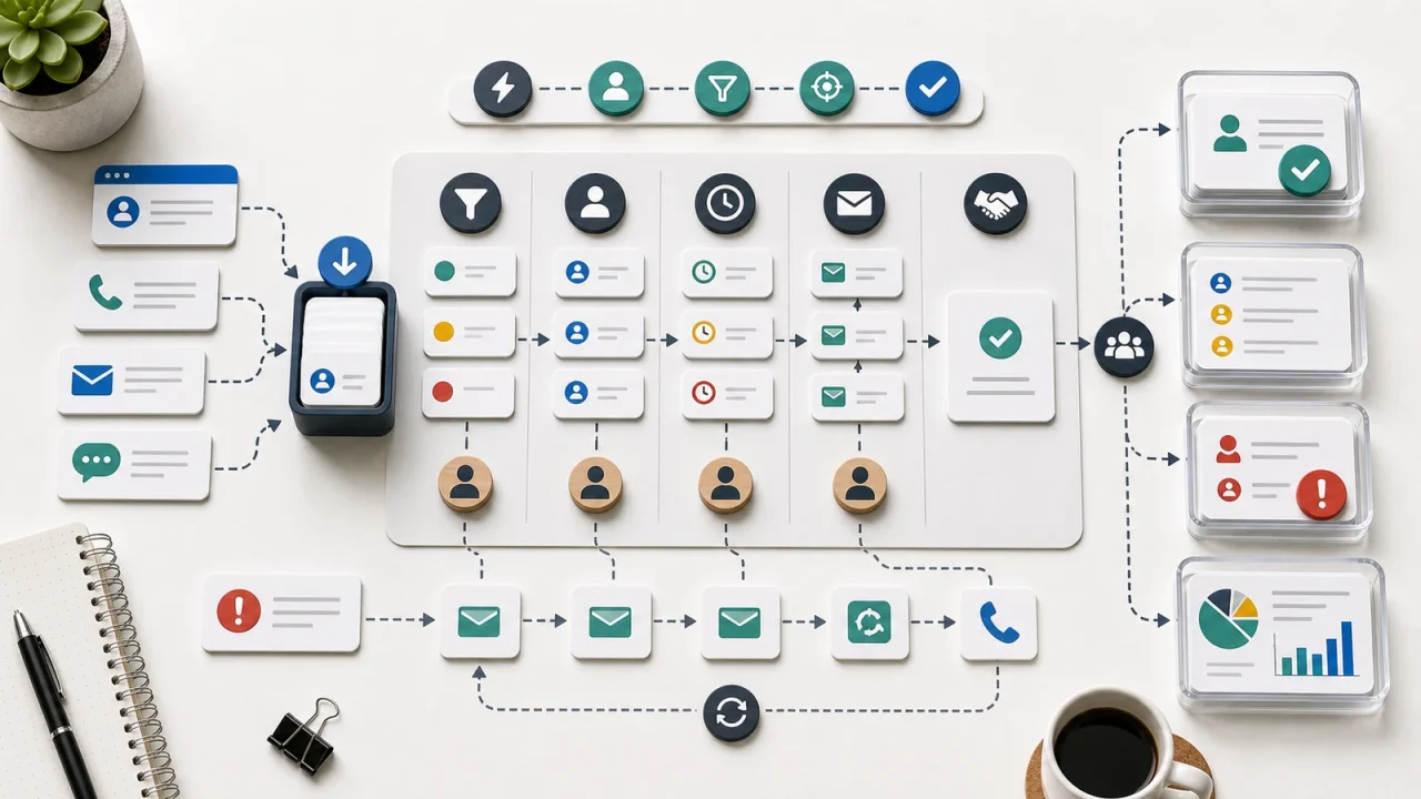 Lead sources flowing into qualification, routing, owner assignment, response timing, follow-up sequences, handoffs, and reporting.