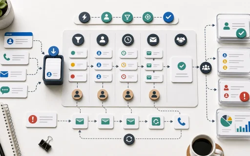Lead sources flowing into qualification, routing, owner assignment, response timing, follow-up sequences, handoffs, and reporting.