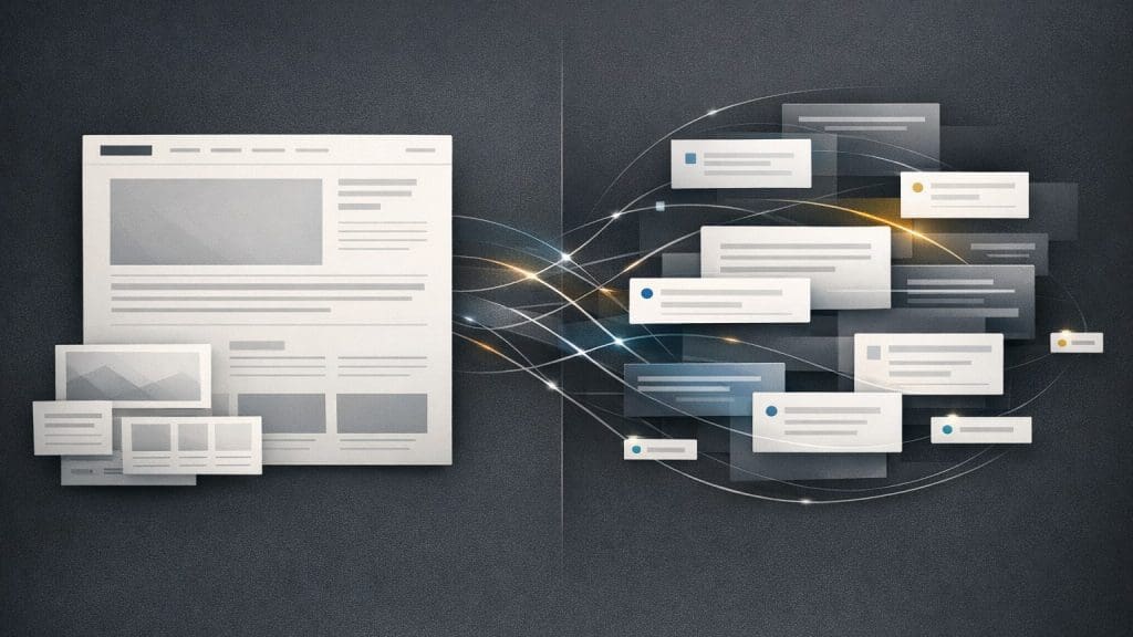 Abstract AI answer surface showing LLM visibility through structured website content and citation paths.