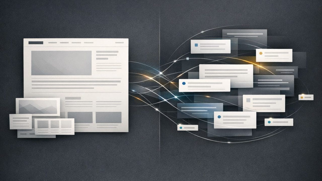 Abstract AI answer surface showing LLM visibility through structured website content and citation paths.