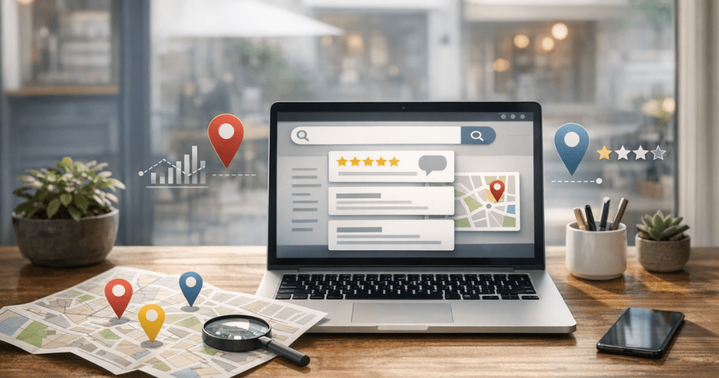 Laptop with local search results, map pins, reviews, and analytics for small business local SEO