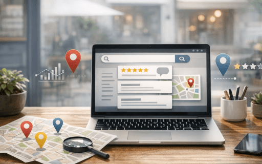 Laptop with local search results, map pins, reviews, and analytics for small business local SEO