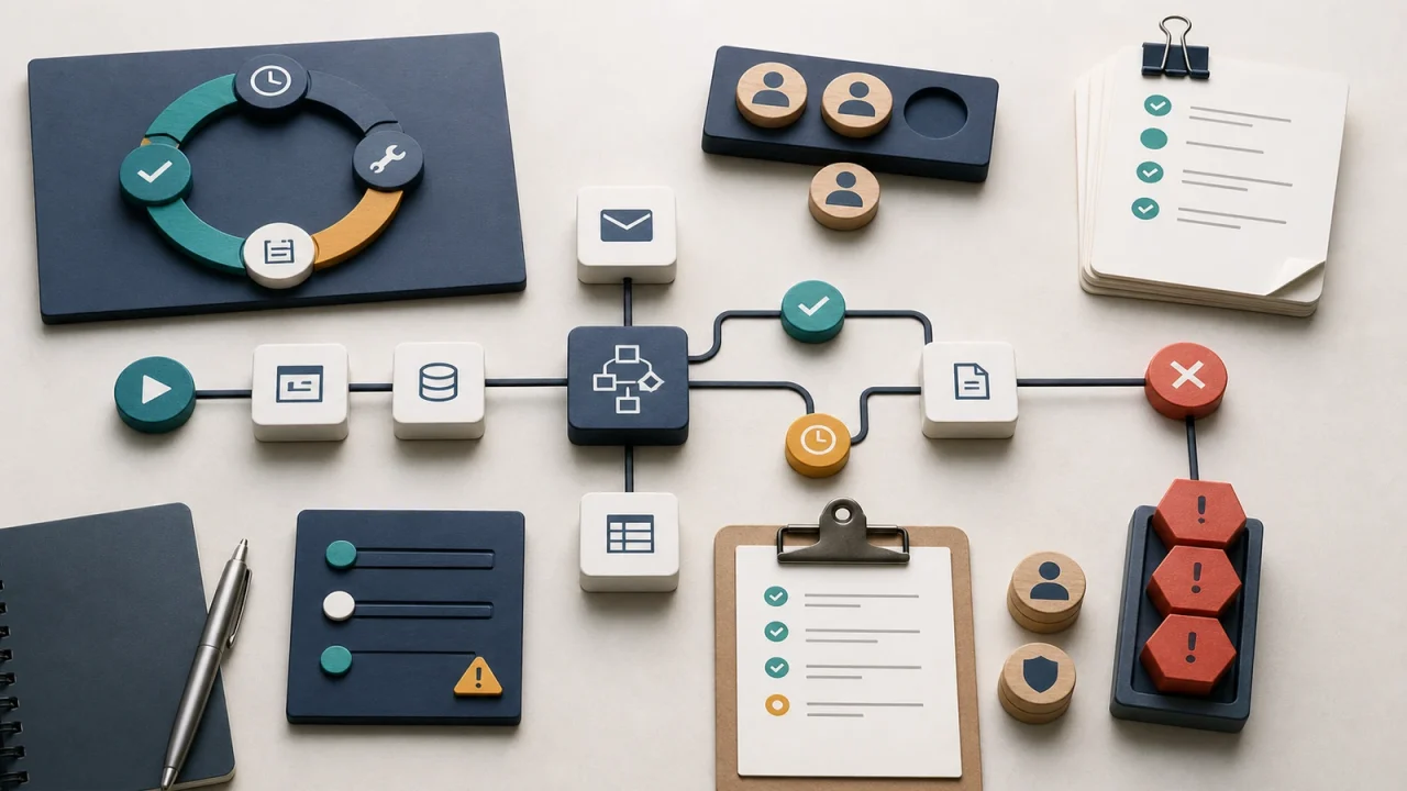 A low-code automation workflow board showing approvals, ownership, errors, and connected process blocks.